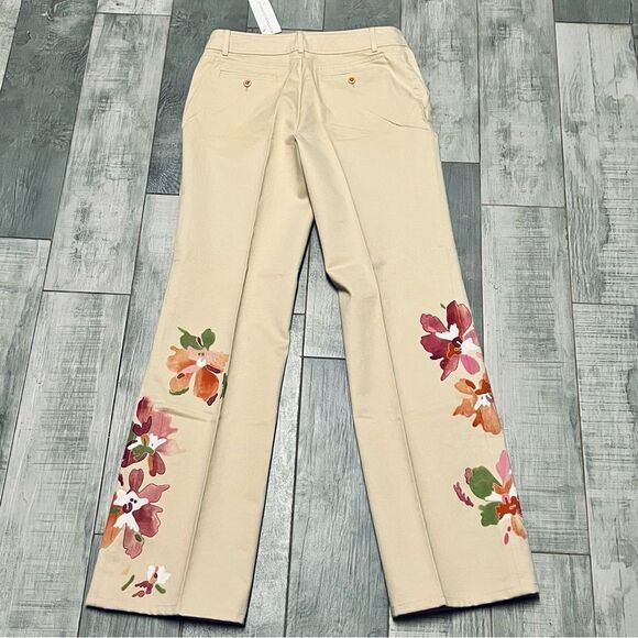 90s Y2K Dana Buchman Cream Pink Floral Painted Embroidered Flare Pant 4 Low Rise - Picture 1 of 15